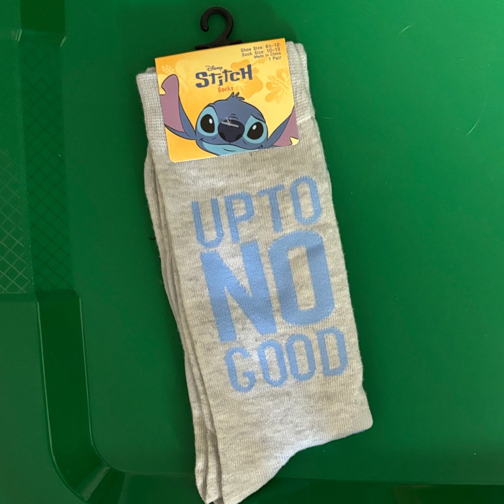 Disney Light Grey Crew Socks with Blue Stitch Graphic up to no good nwt osfa